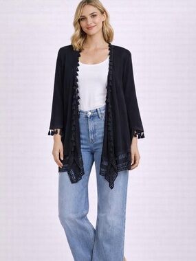 Chicos Black Tassel Lace Trim Open Front Kimono Cardigan Women's Size 2 / L Boho